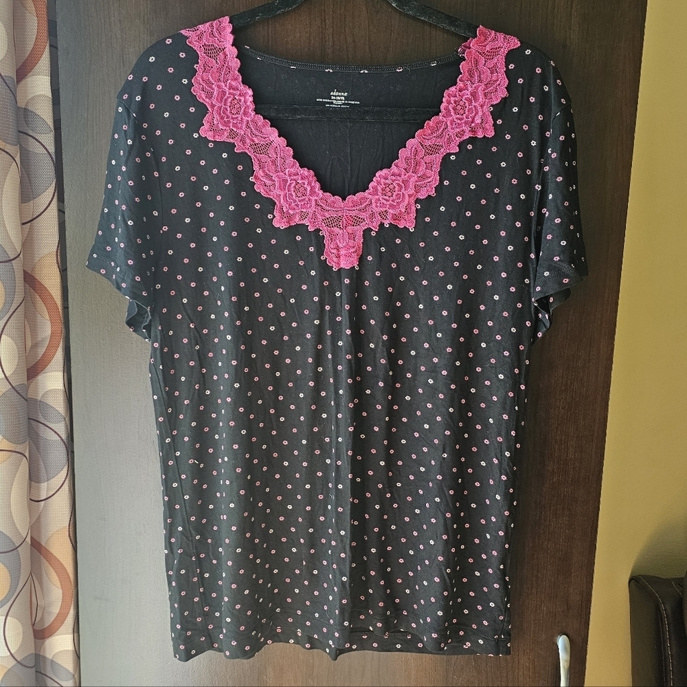 Black Top With Lace And Pink Floral Pattern
